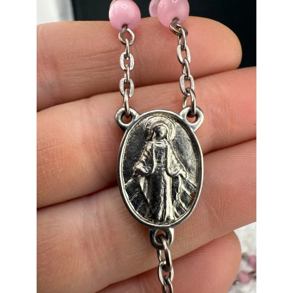 Vintage Rosary Necklace‎ Christian Religious Pink Glass 34